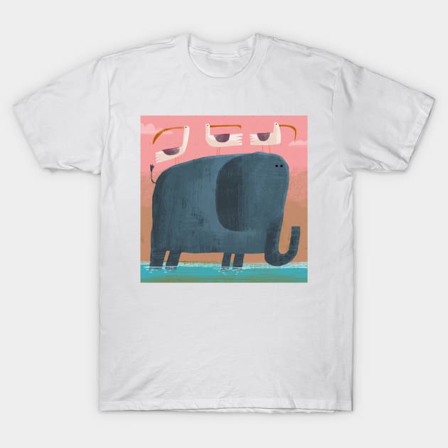 Elephant with pesky birds T-Shirt by Gareth Lucas